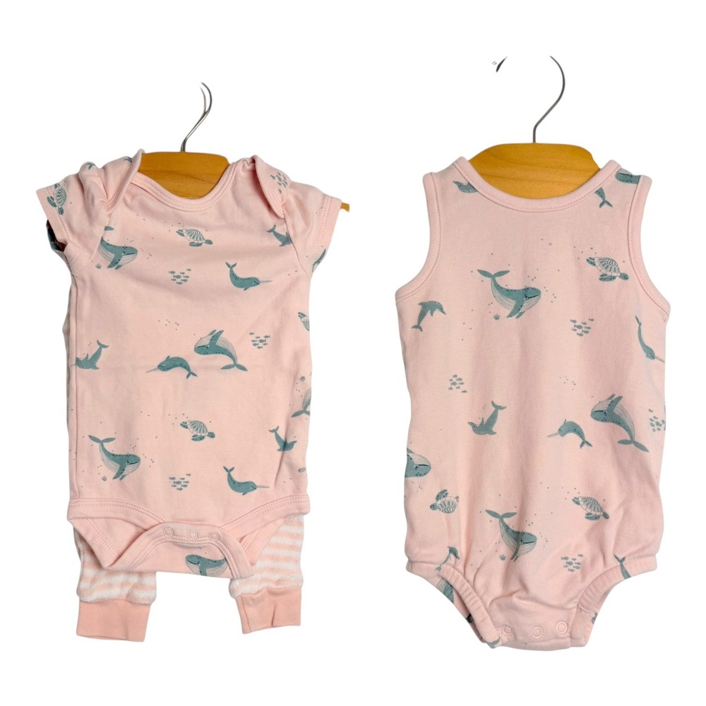 Rabbit Bear Organic Pink Whale Narwhal Bodysuit Romper Pants Set 3-6M 3pc